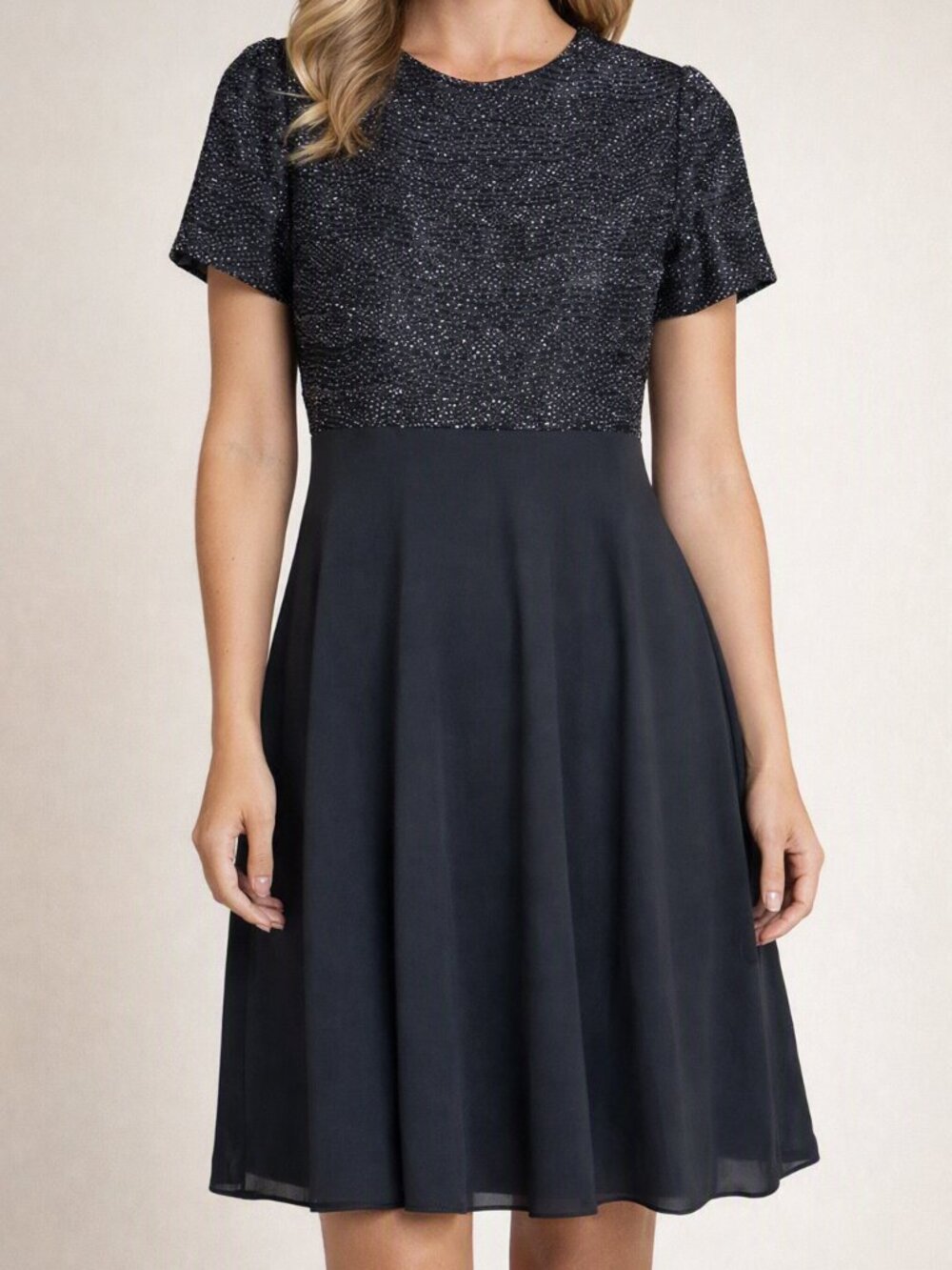 Vintage Laurence Kazar Black Beaded Chiffon Knee Length Lined Dress Size Medium